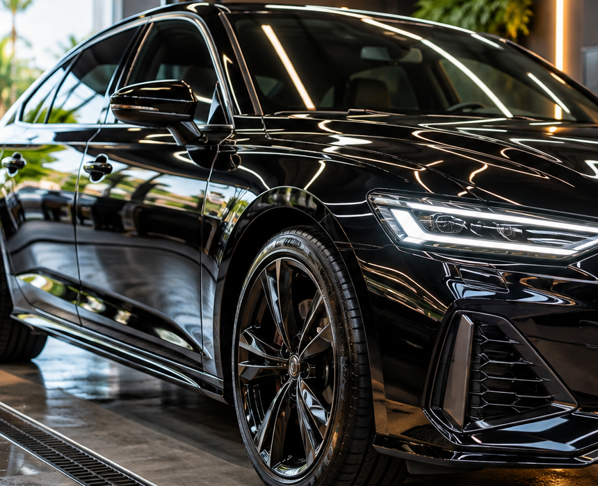 Carro preto com acabamento premium e brilho intenso