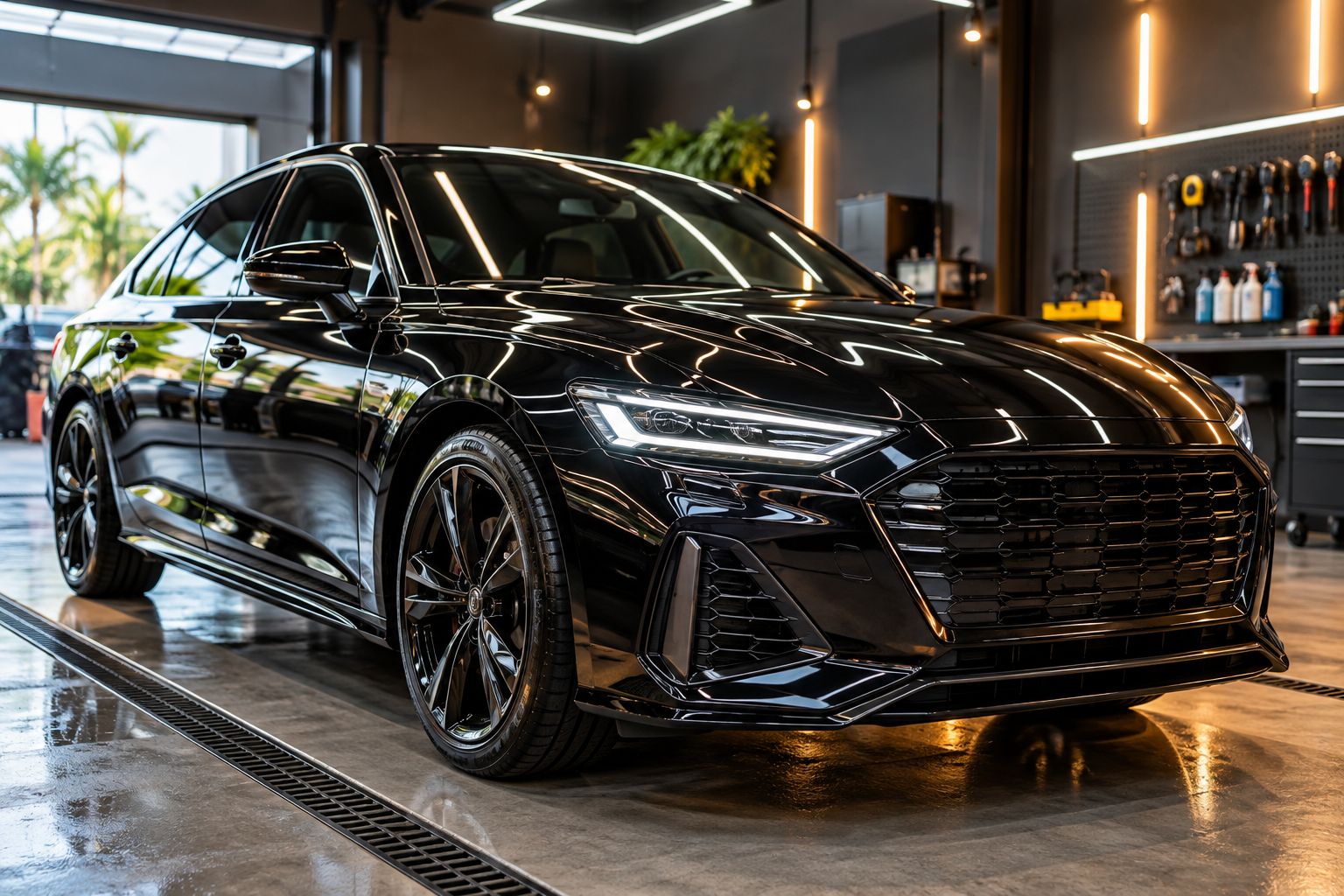Carro de luxo preto com pintura brilhante em estúdio automotivo